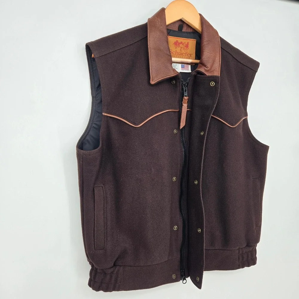 Vtg Leather/Wool Schaefer Outfitter Brown Vest Mens M USA Made Cowboy Western
